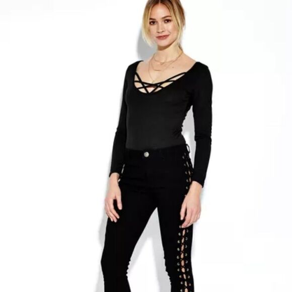 CLEARANCE Black Strappy Long Sleeve Bodysuit S M L - Picture 2 of 3